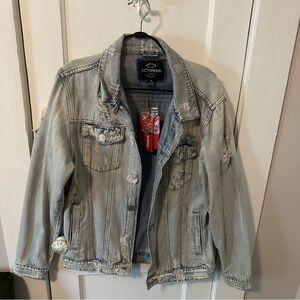 Men’s Victorious Distressed Denim Jacket with Checkered Print Back, Size M.